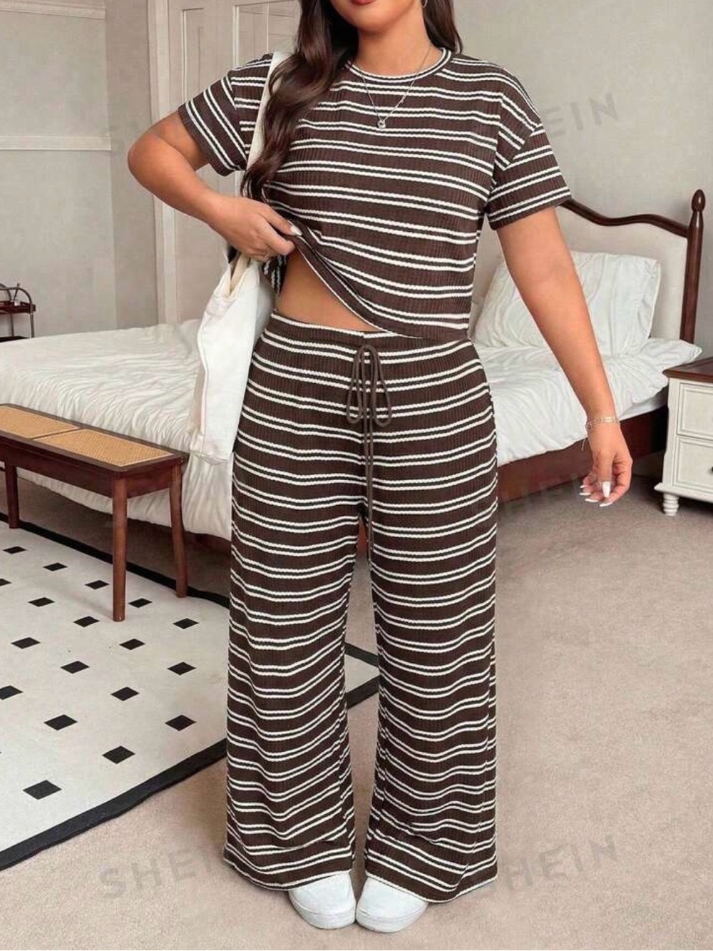 SHEIN Brown & White Striped Knit Wide-Leg Lounge Set